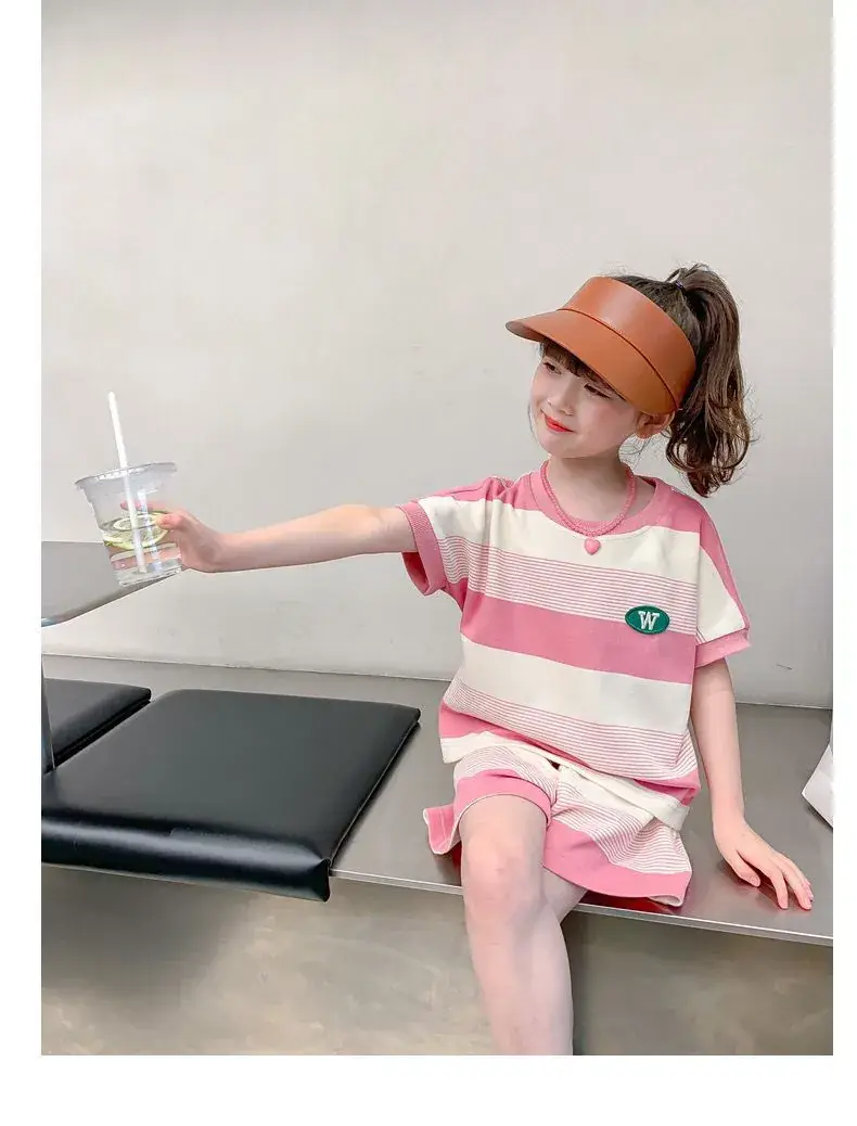 Girls Striped Two-Piece Summer Suit Pink White — feature 8