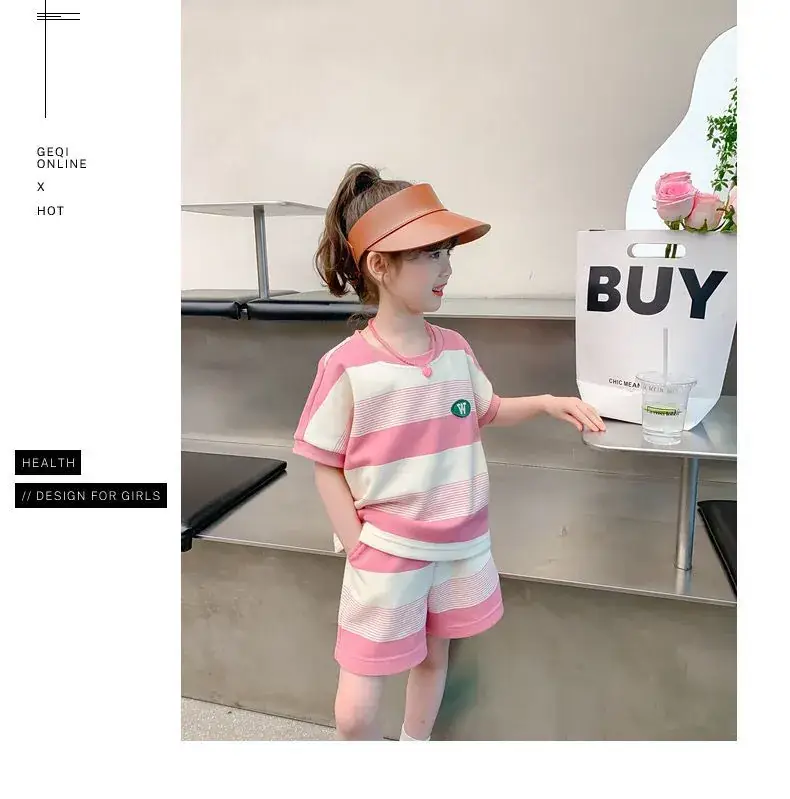 Girls Striped Two-Piece Summer Suit Pink White — feature 9