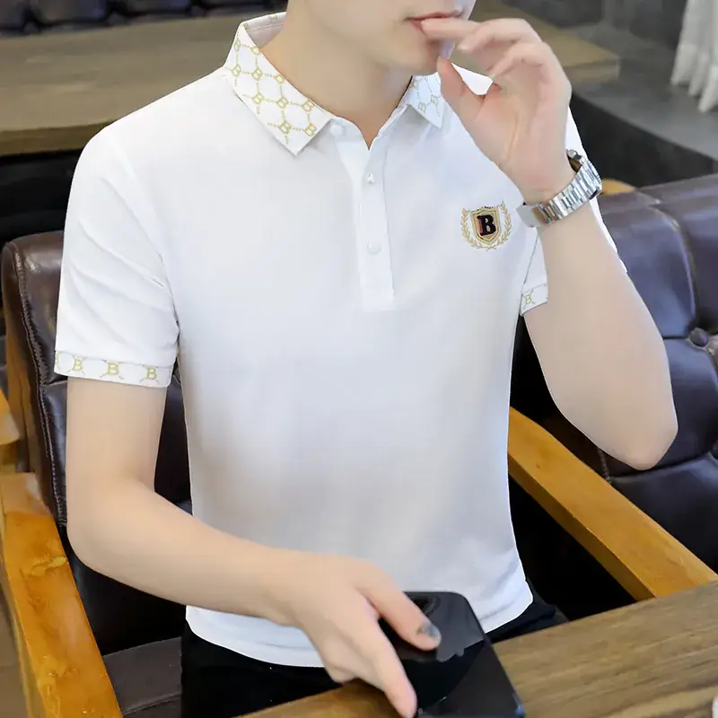 Men Black Lapel T-Shirt Short Sleeve Slim Fit