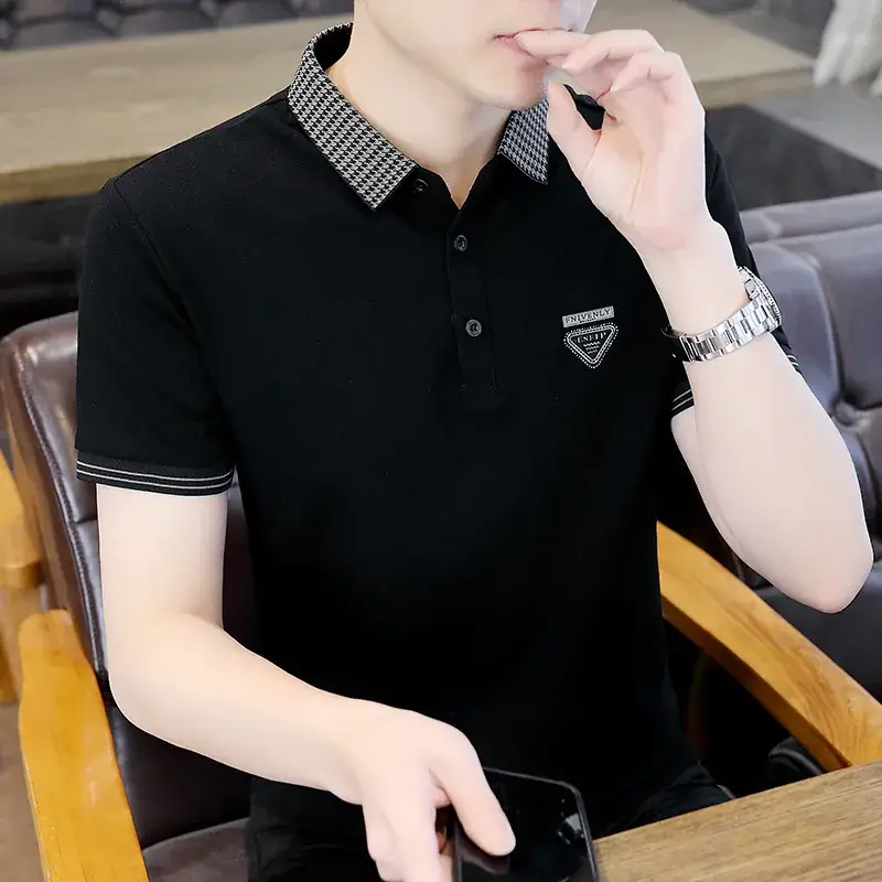 Men Black Lapel T-Shirt Short Sleeve Slim Fit