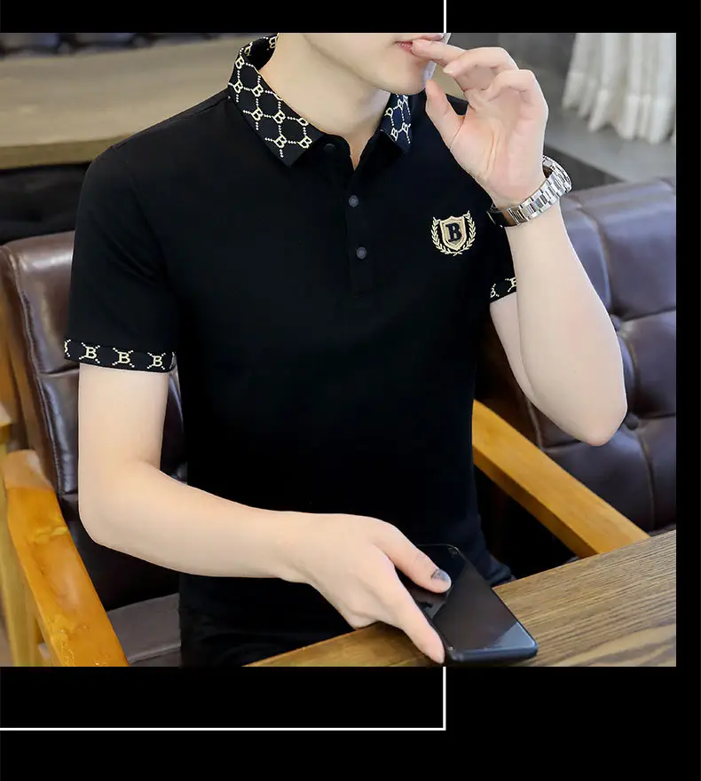 Men Black Lapel T-Shirt Short Sleeve Slim Fit — feature 1