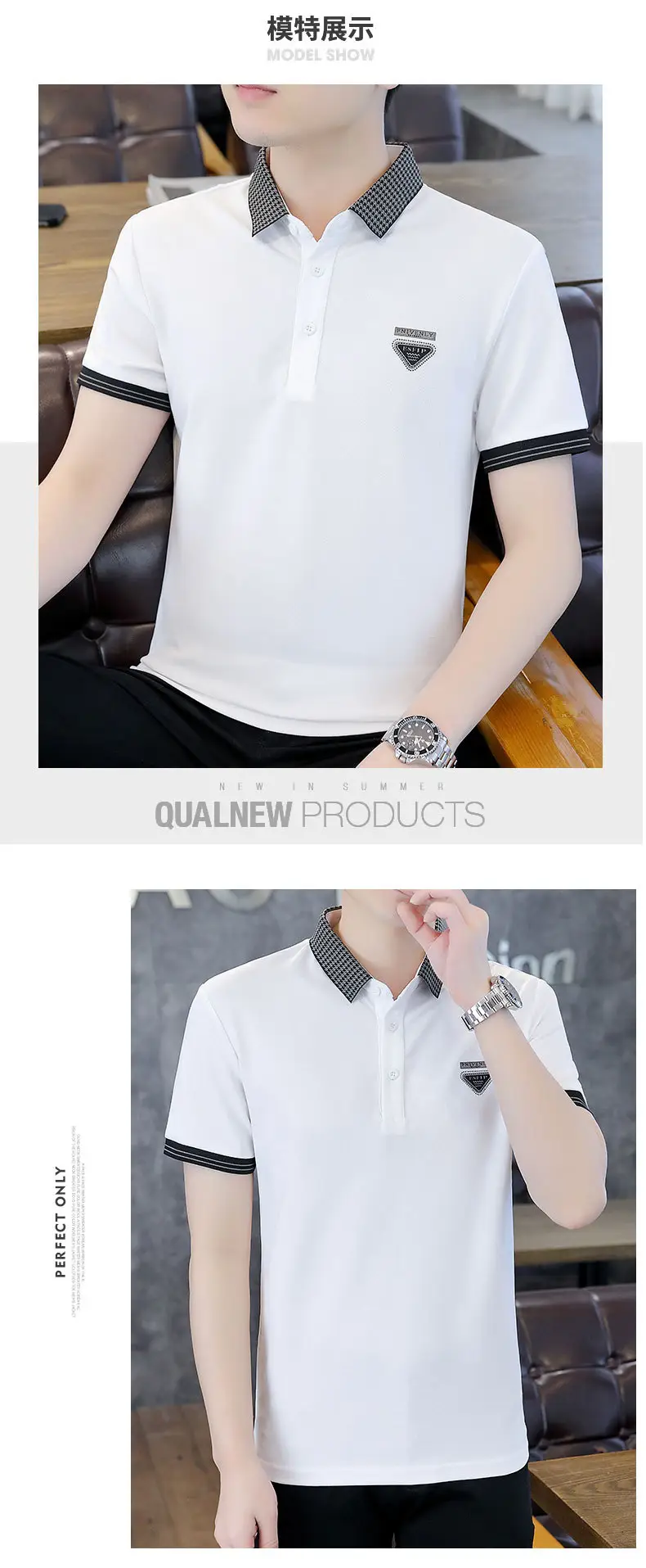 Men Black Lapel T-Shirt Short Sleeve Slim Fit — feature 13