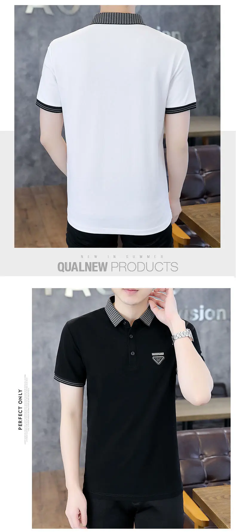 Men Black Lapel T-Shirt Short Sleeve Slim Fit — feature 14
