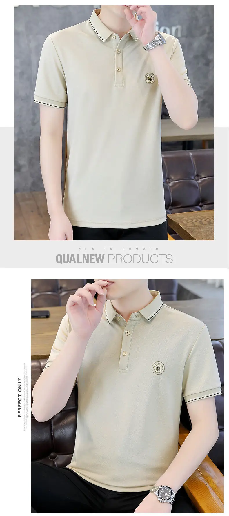 Men Black Lapel T-Shirt Short Sleeve Slim Fit — feature 24