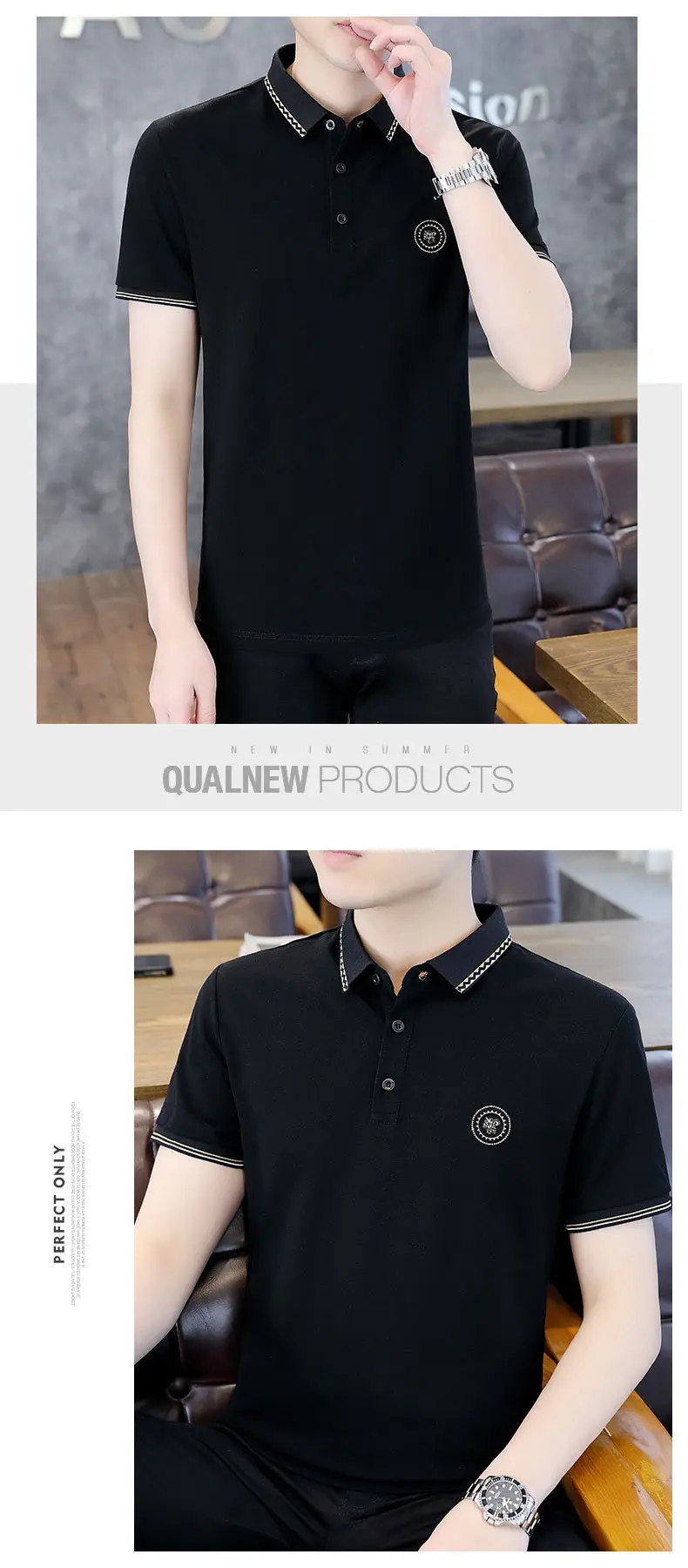 Men Black Lapel T-Shirt Short Sleeve Slim Fit — feature 25