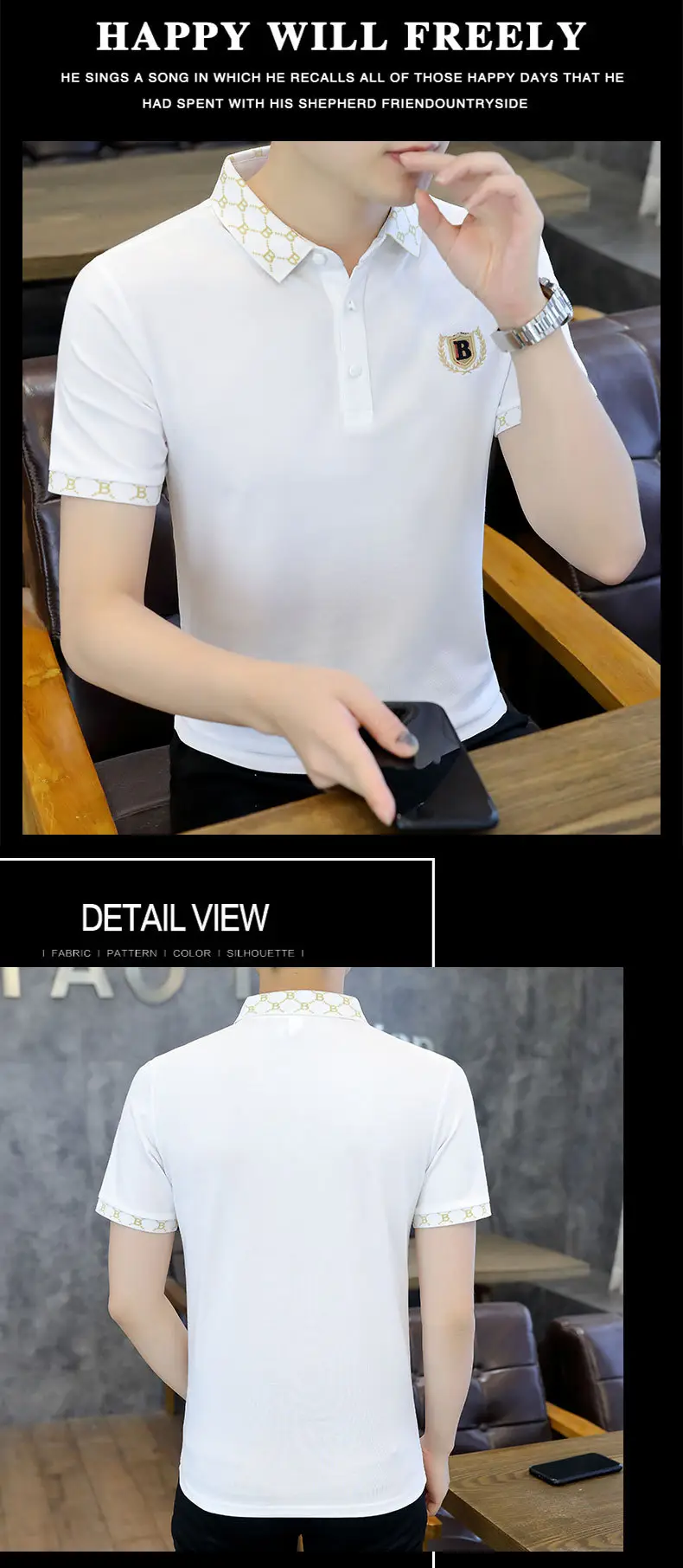 Men Black Lapel T-Shirt Short Sleeve Slim Fit — feature 6