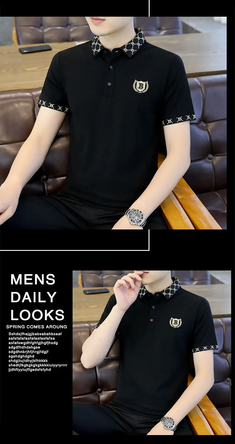 Men Black Lapel T-Shirt Short Sleeve Slim Fit — feature 7