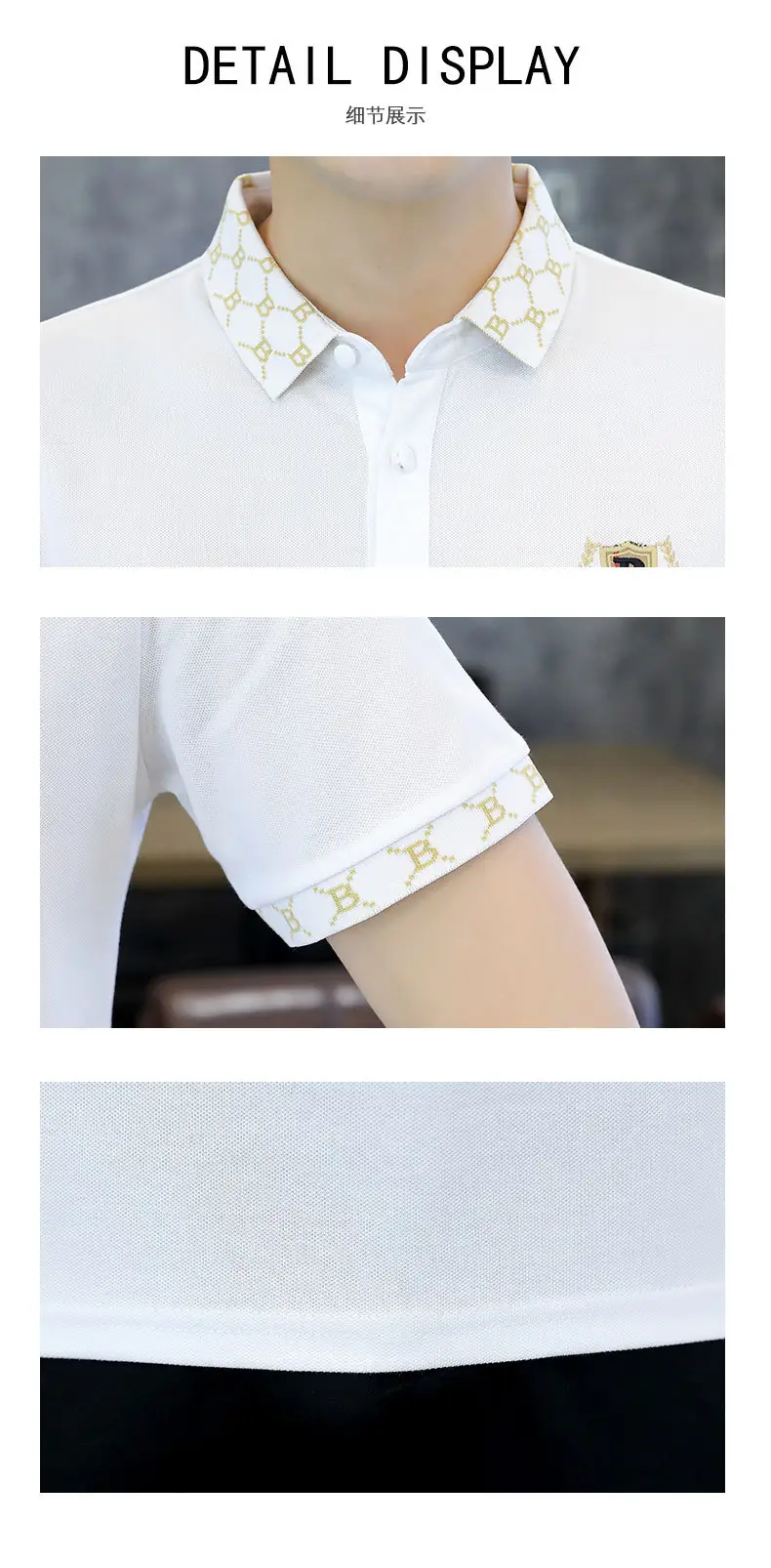 Men Black Lapel T-Shirt Short Sleeve Slim Fit — feature 8