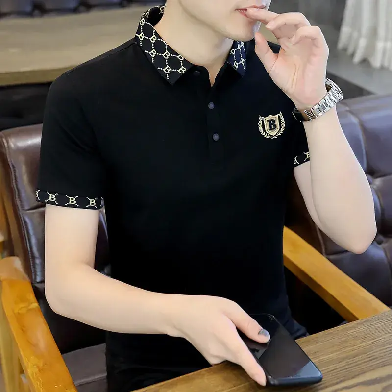Men Black Lapel T-Shirt Short Sleeve Slim Fit