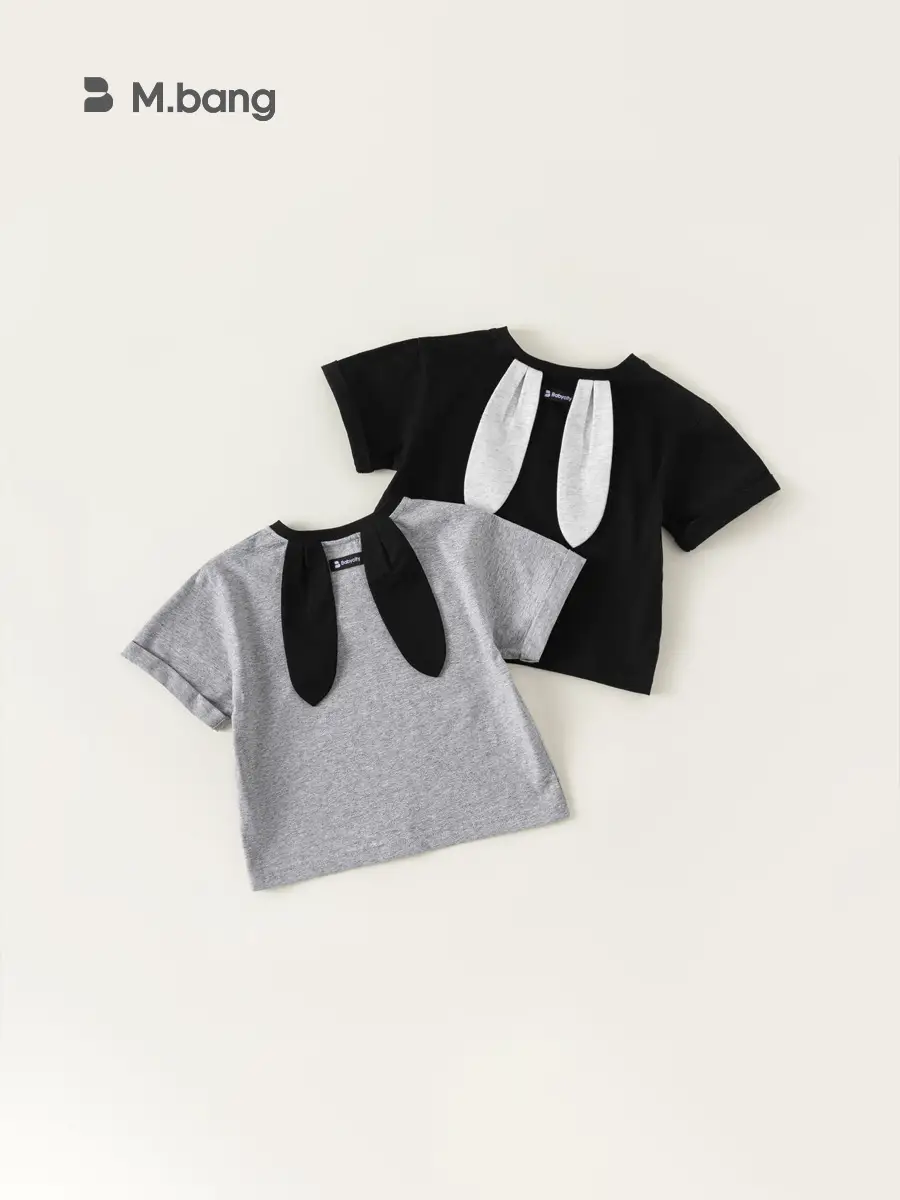 Kids Bunny Ear T-Shirt Black Grey Summer Short Sleeve - Image 3