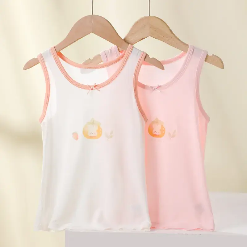 Girls' Cotton Vests Set White Pink Strawberry Print - Image 5