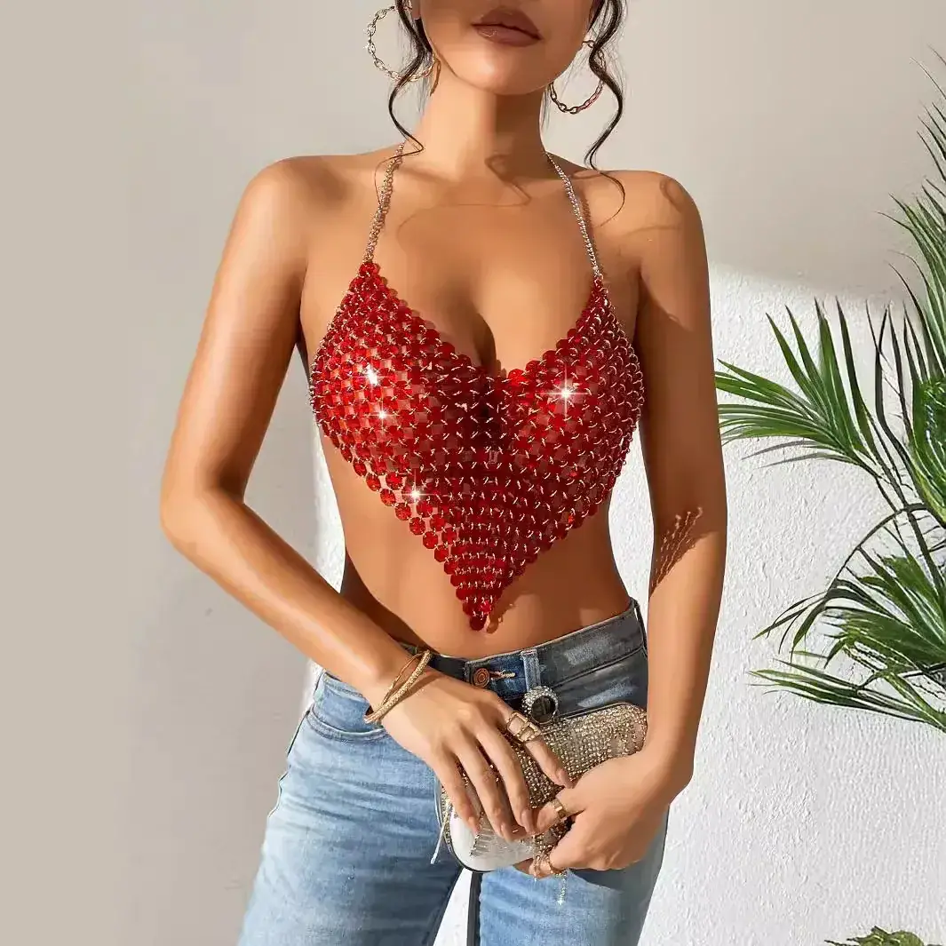 Red Backless Gemstone Tank Top for Women - Image 4
