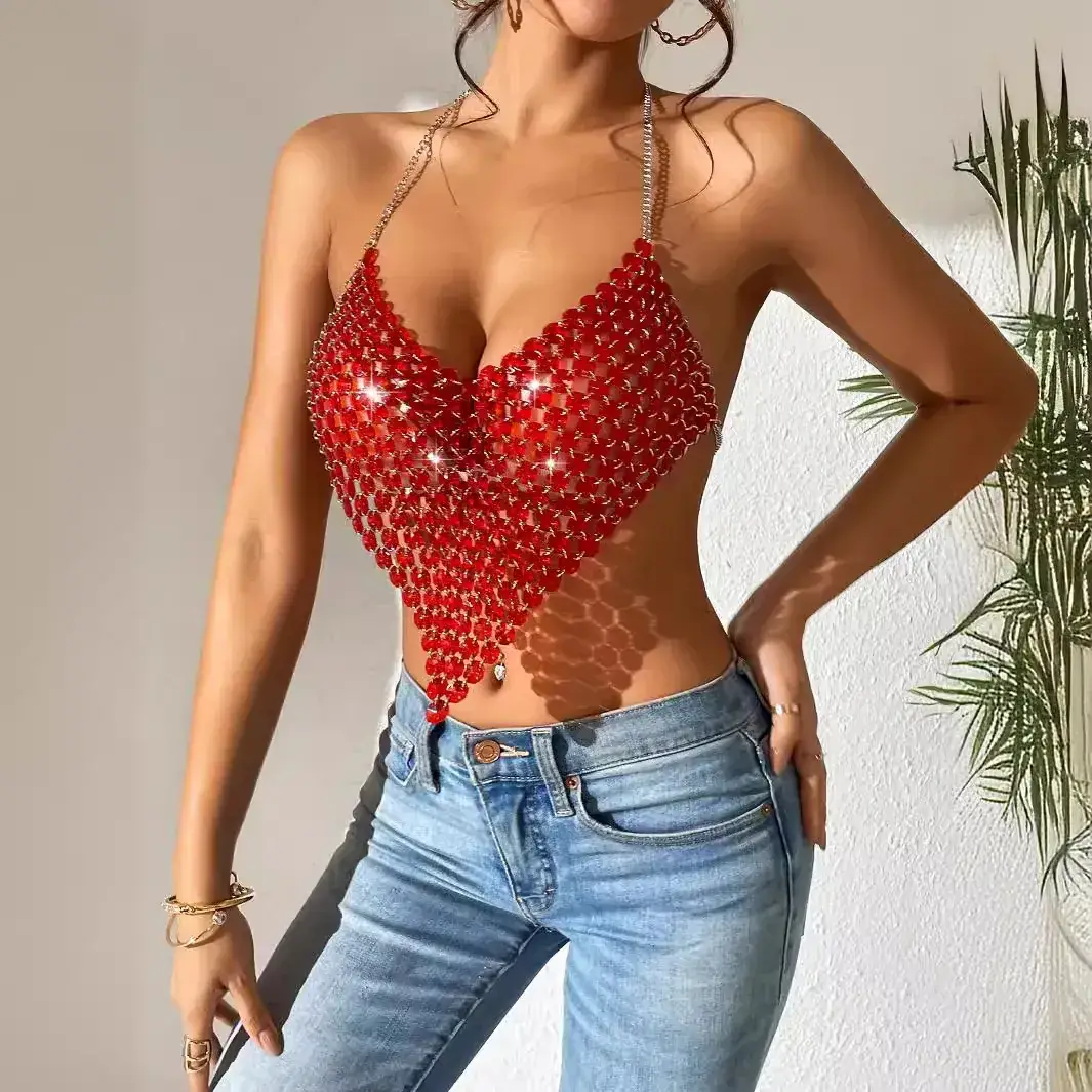 Red Backless Gemstone Tank Top for Women - Image 6