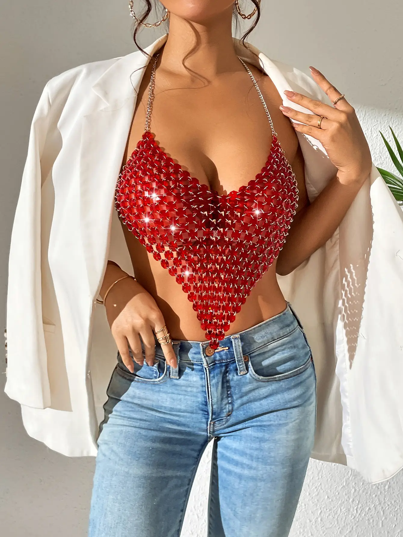 Red Backless Gemstone Tank Top for Women — feature 2