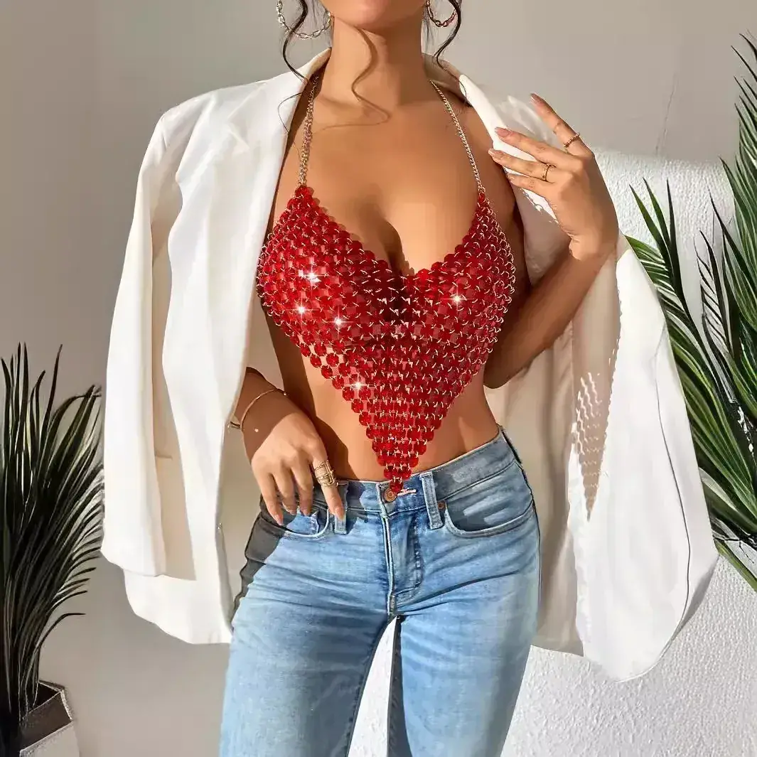 Red Backless Gemstone Tank Top for Women - Image 2