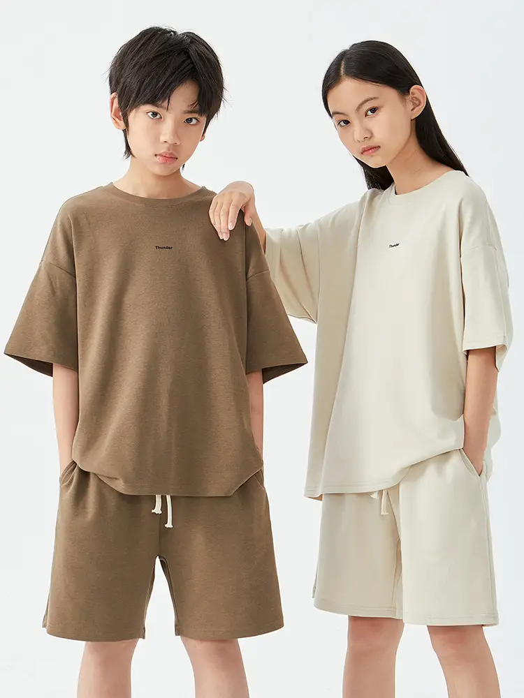 Kids Cotton Shorts Set Brown Beige Loose Fit Summer Wear - Image 3