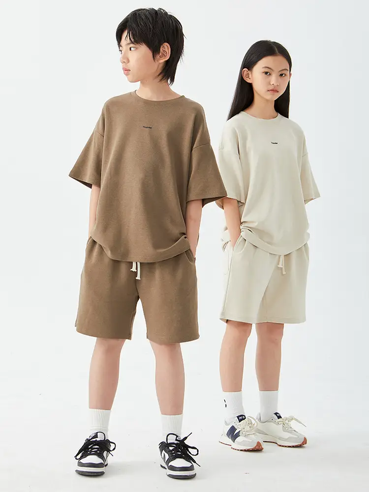 Kids Cotton Shorts Set Brown Beige Loose Fit Summer Wear - Image 7