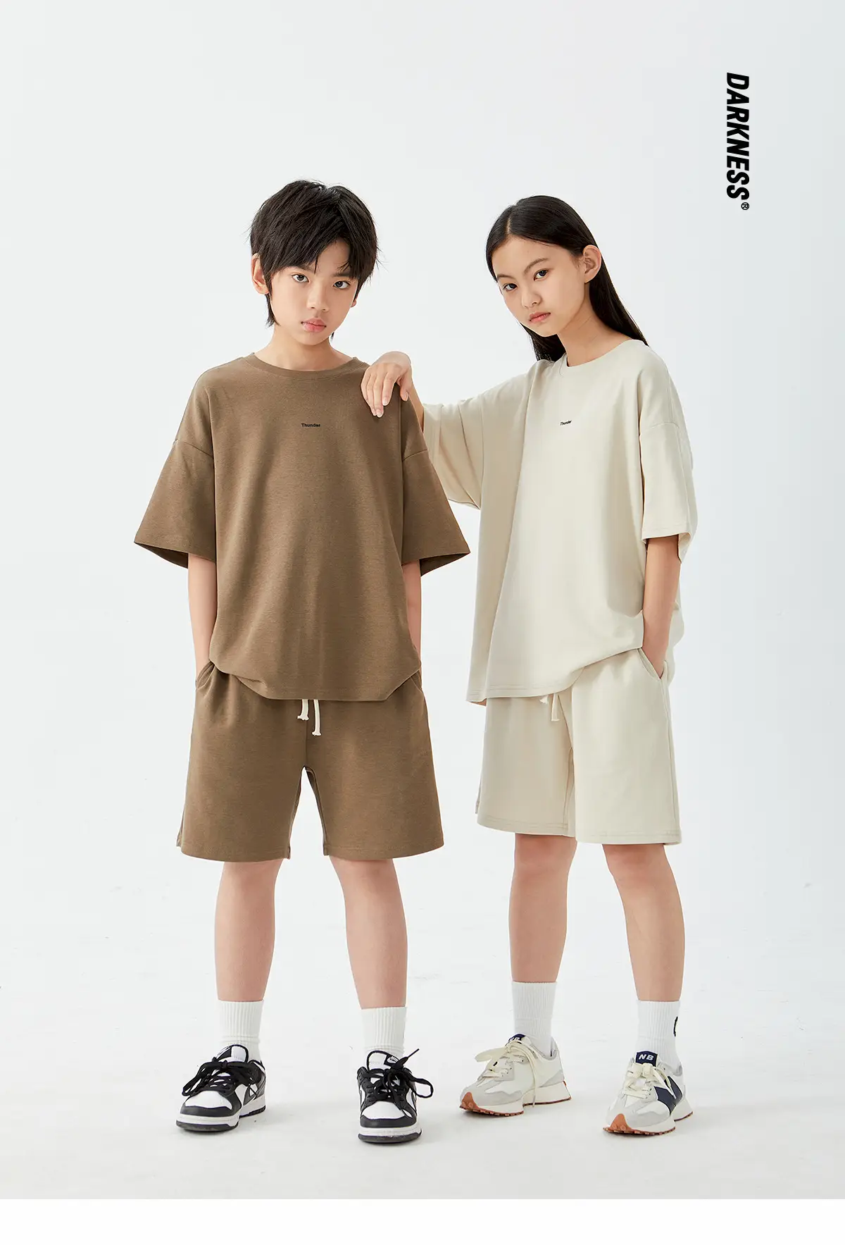 Kids Cotton Shorts Set Brown Beige Loose Fit Summer Wear — feature 1
