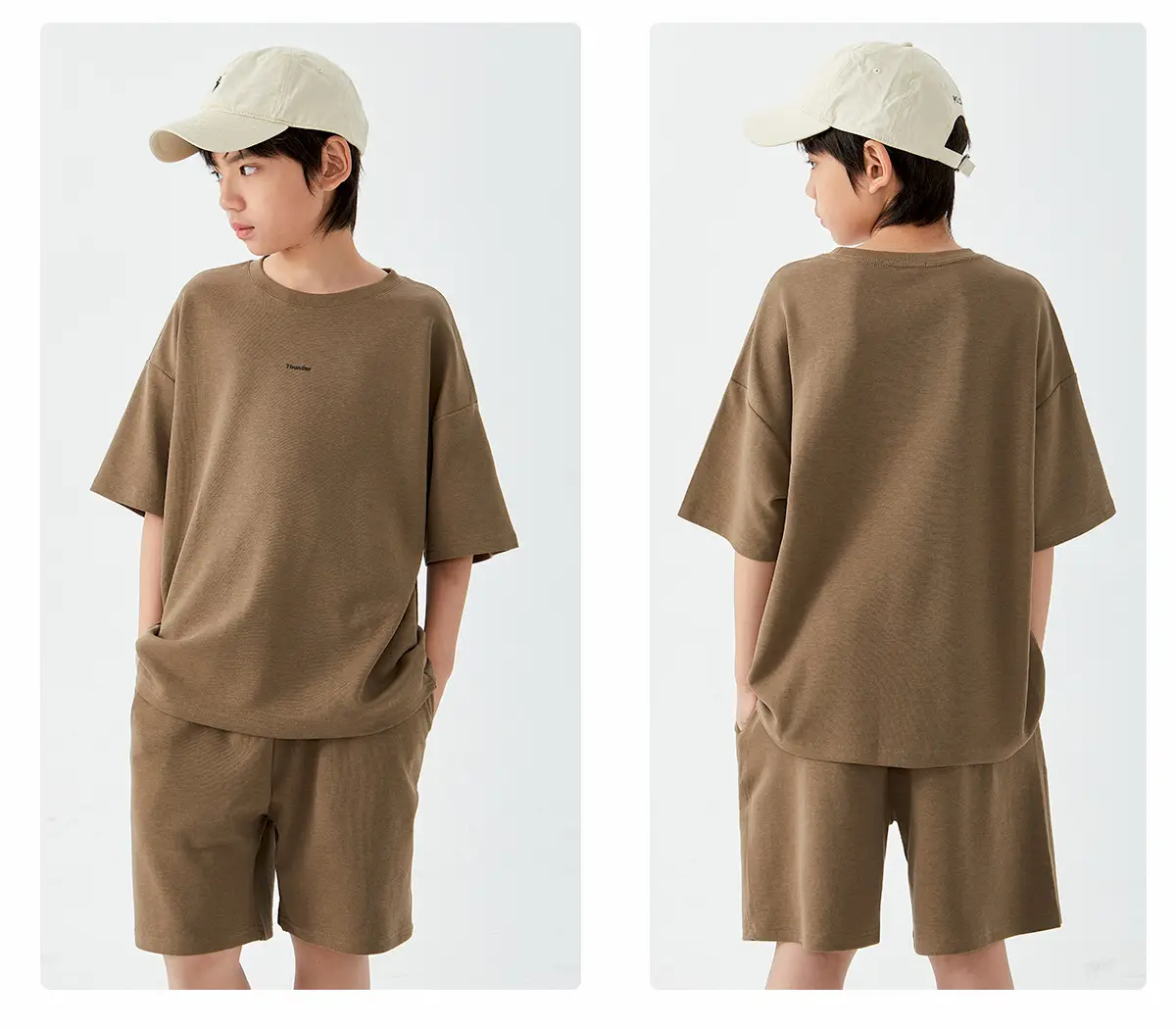Kids Cotton Shorts Set Brown Beige Loose Fit Summer Wear — feature 15