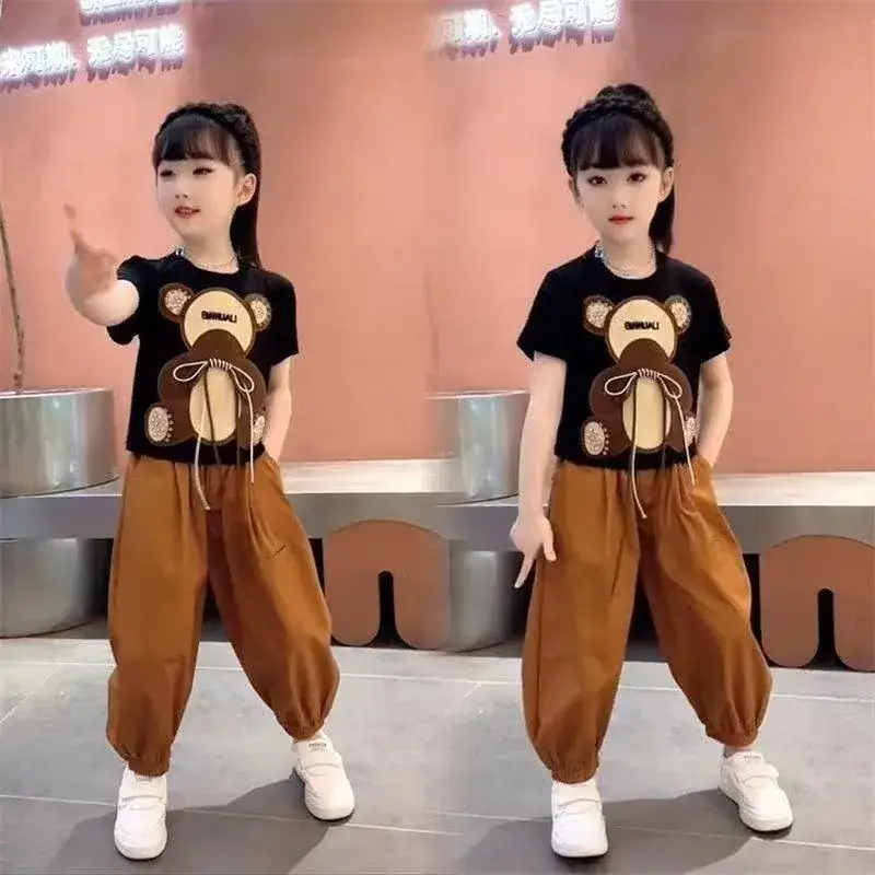 Girls Bear Print Summer Suit Brown Pants 2023 - Image 6