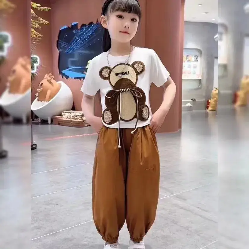 Girls Bear Print Summer Suit Brown Pants 2023 - Image 7