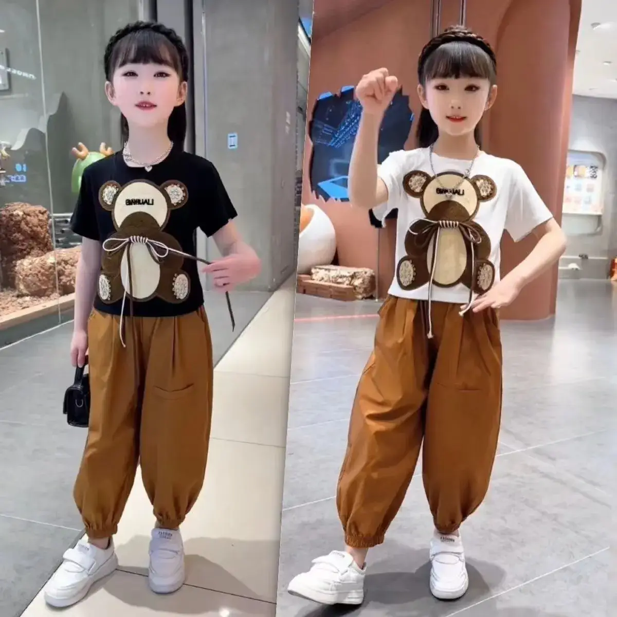 Girls Bear Print Summer Suit Brown Pants 2023 — feature 1