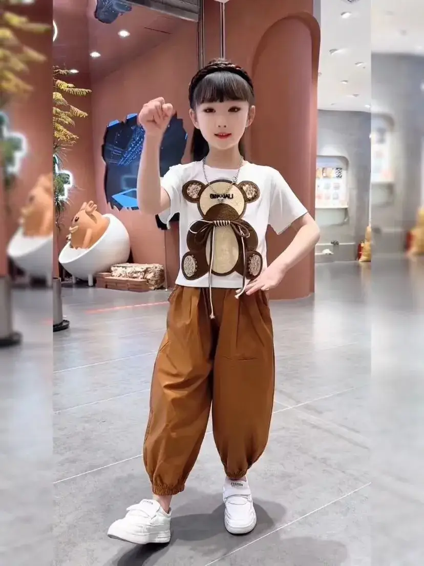 Girls Bear Print Summer Suit Brown Pants 2023 — feature 10