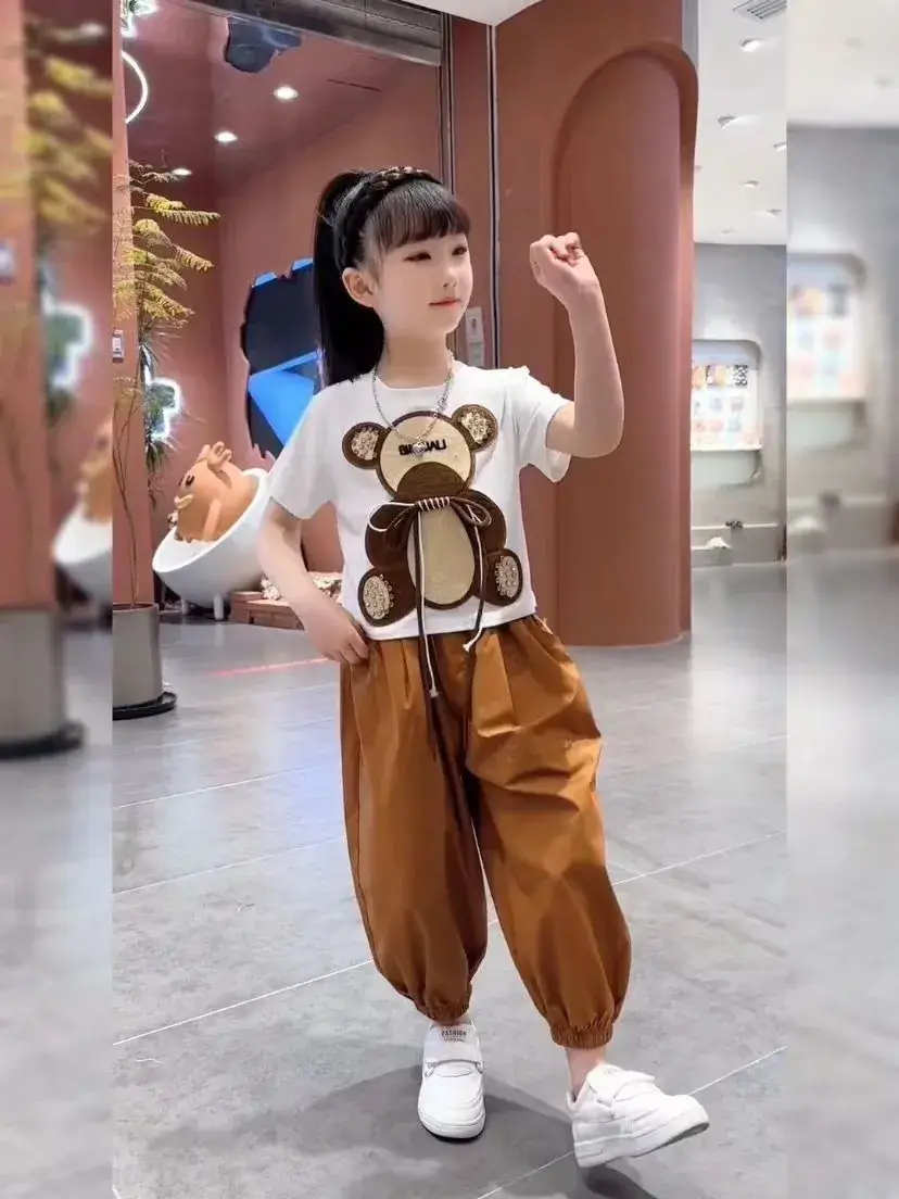 Girls Bear Print Summer Suit Brown Pants 2023 — feature 11
