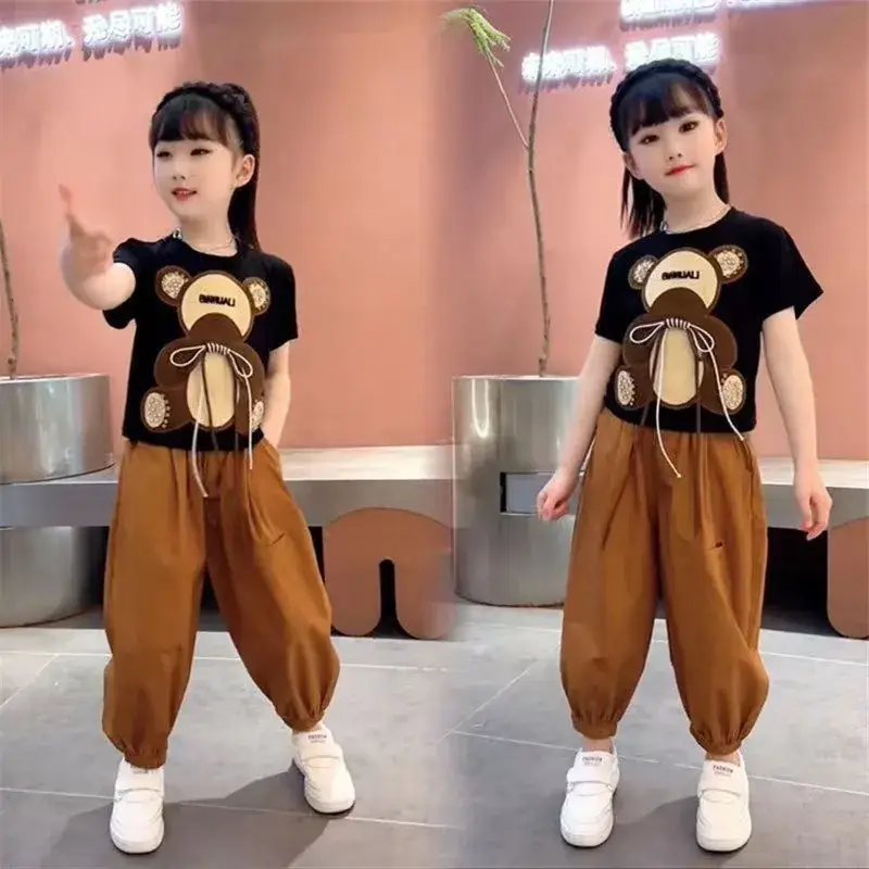 Girls Bear Print Summer Suit Brown Pants 2023 — feature 12