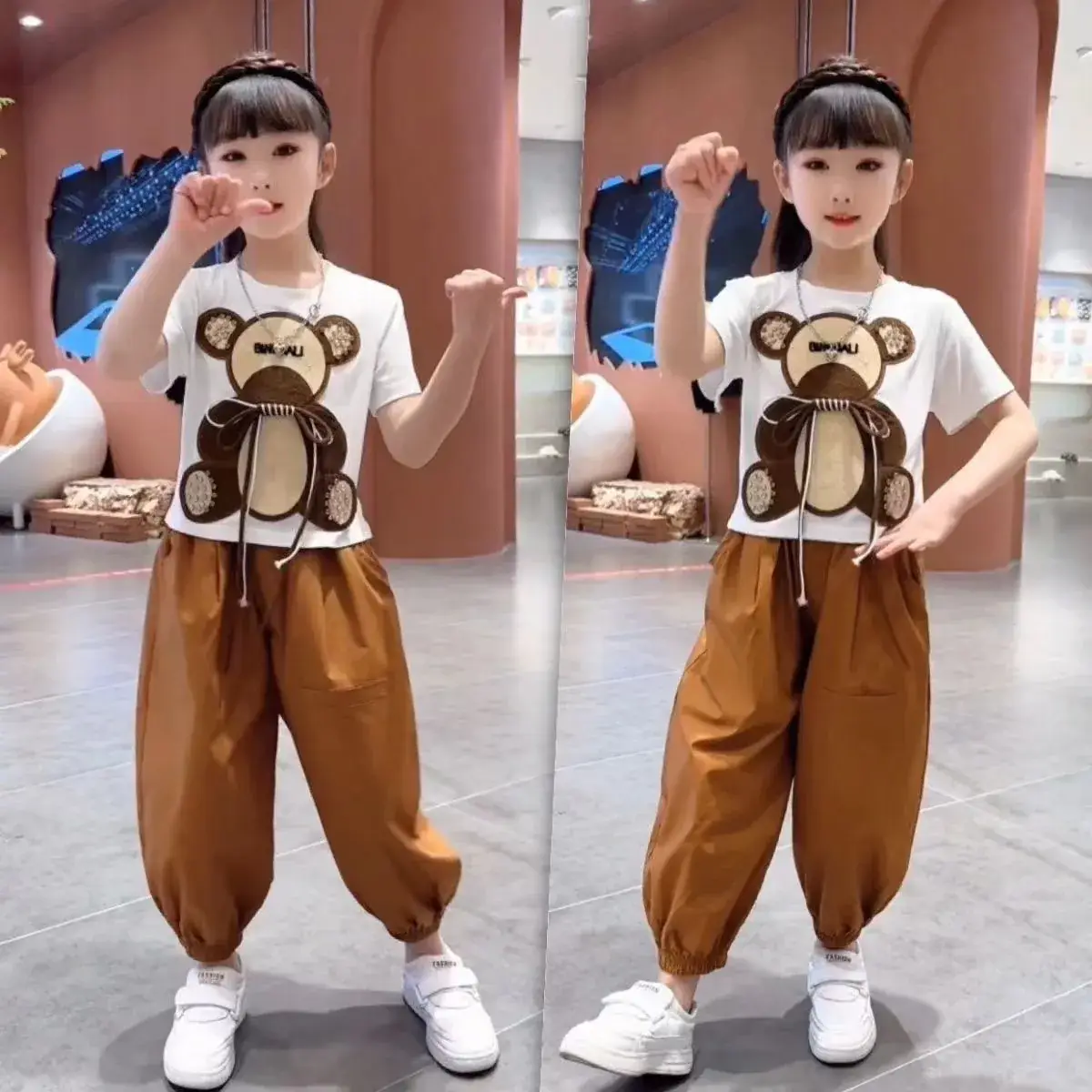 Girls Bear Print Summer Suit Brown Pants 2023 — feature 2