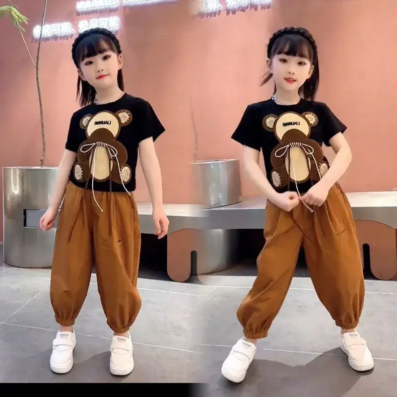 Girls Bear Print Summer Suit Brown Pants 2023 — feature 3