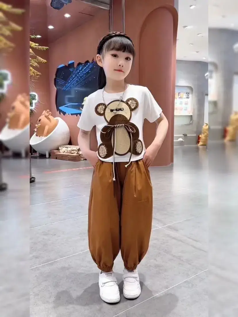 Girls Bear Print Summer Suit Brown Pants 2023 — feature 4