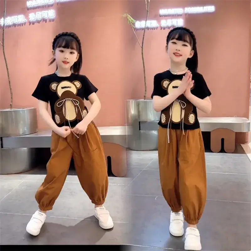Girls Bear Print Summer Suit Brown Pants 2023 — feature 5