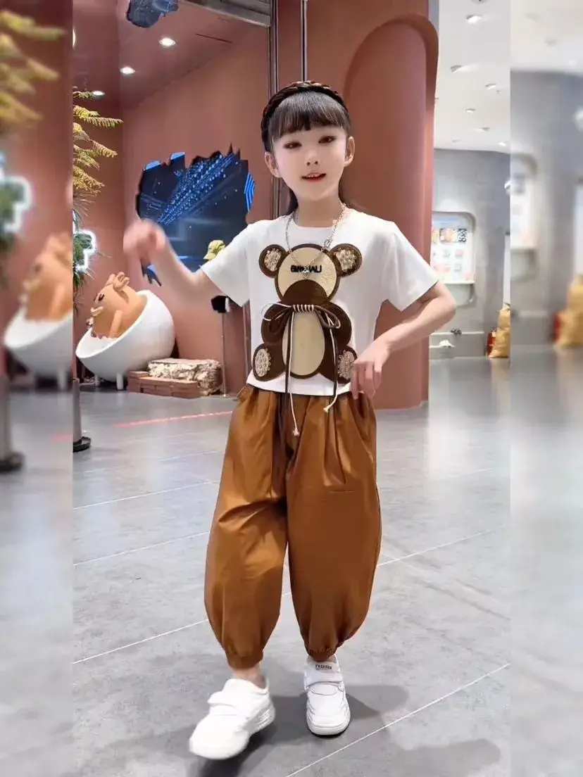 Girls Bear Print Summer Suit Brown Pants 2023 — feature 6