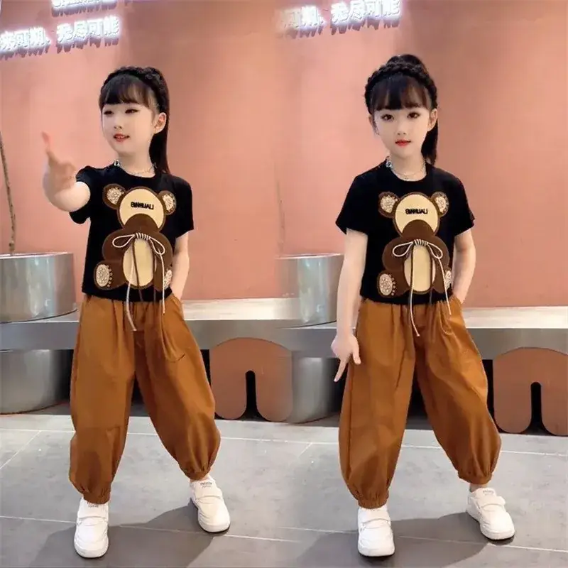 Girls Bear Print Summer Suit Brown Pants 2023 — feature 7