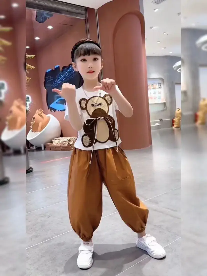 Girls Bear Print Summer Suit Brown Pants 2023 — feature 8