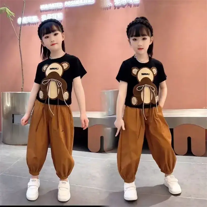Girls Bear Print Summer Suit Brown Pants 2023 — feature 9