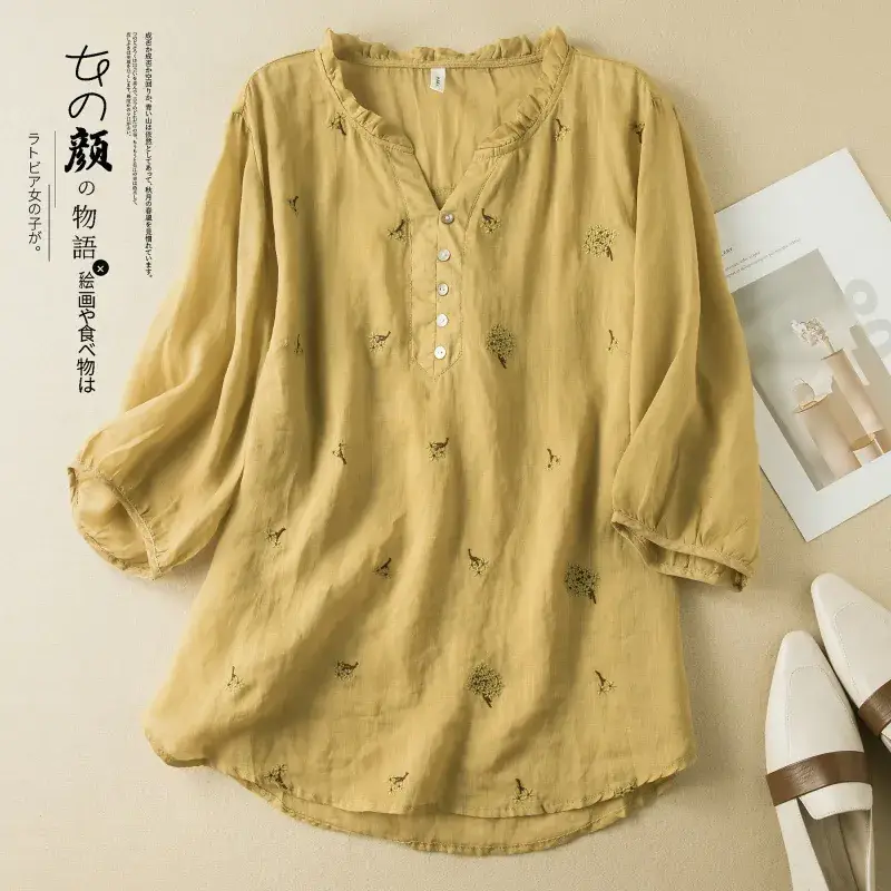 Women's Yellow Embroidered Cotton Linen Shirt with Ear Collar Half Sleeve - Image 2