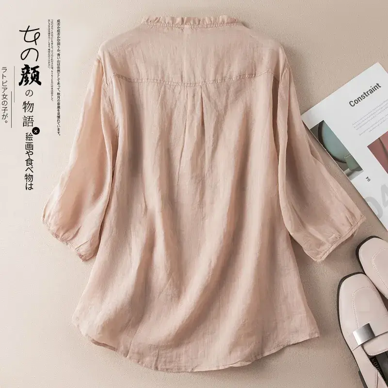 Women's Yellow Embroidered Cotton Linen Shirt with Ear Collar Half Sleeve - Image 3
