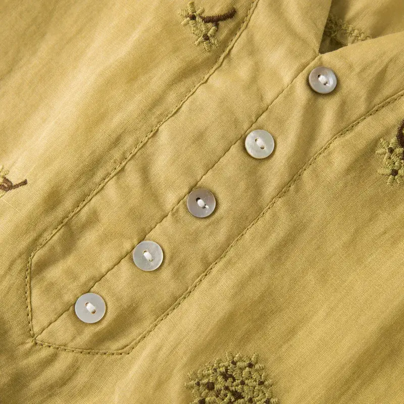 Women's Yellow Embroidered Cotton Linen Shirt with Ear Collar Half Sleeve - Image 4