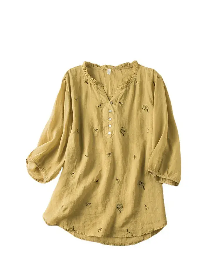 Women's Yellow Embroidered Cotton Linen Shirt with Ear Collar Half Sleeve - Image 5