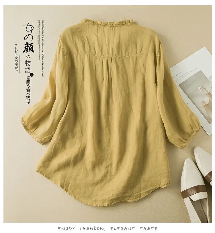Women's Yellow Embroidered Cotton Linen Shirt with Ear Collar Half Sleeve — feature 11