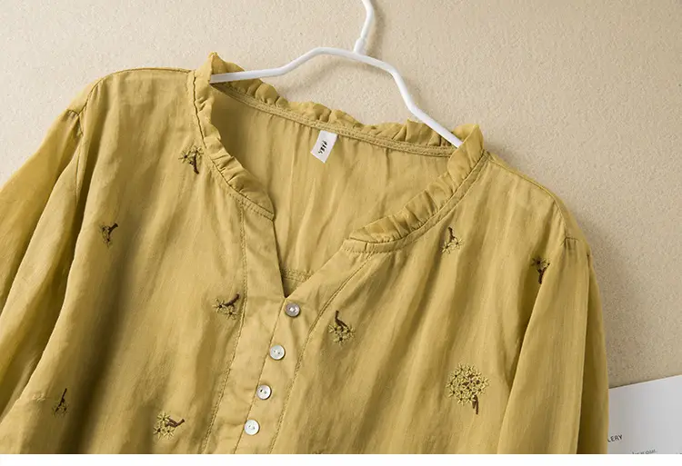 Women's Yellow Embroidered Cotton Linen Shirt with Ear Collar Half Sleeve — feature 12