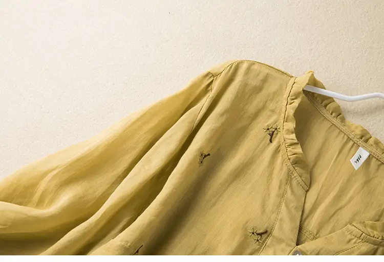 Women's Yellow Embroidered Cotton Linen Shirt with Ear Collar Half Sleeve — feature 13