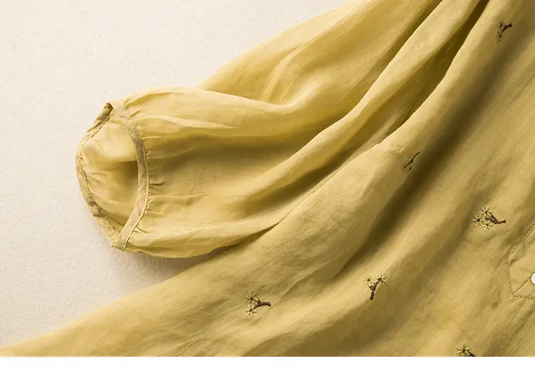 Women's Yellow Embroidered Cotton Linen Shirt with Ear Collar Half Sleeve — feature 14
