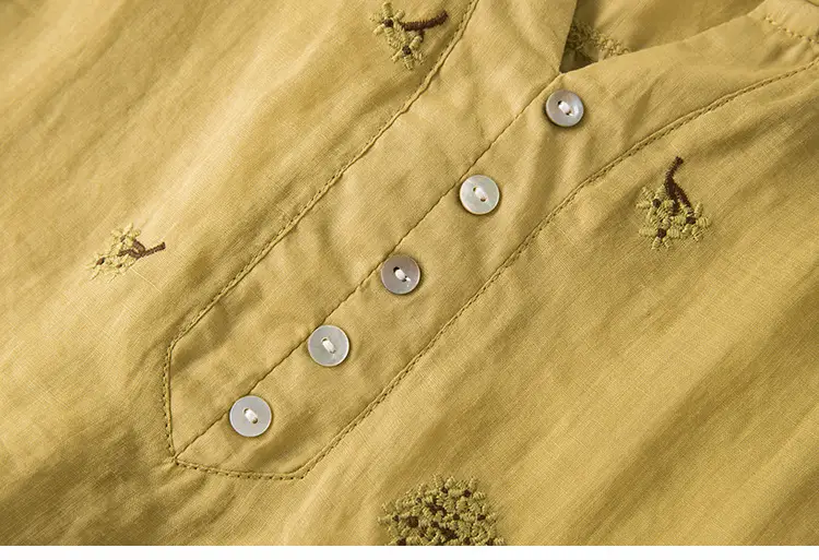 Women's Yellow Embroidered Cotton Linen Shirt with Ear Collar Half Sleeve — feature 15