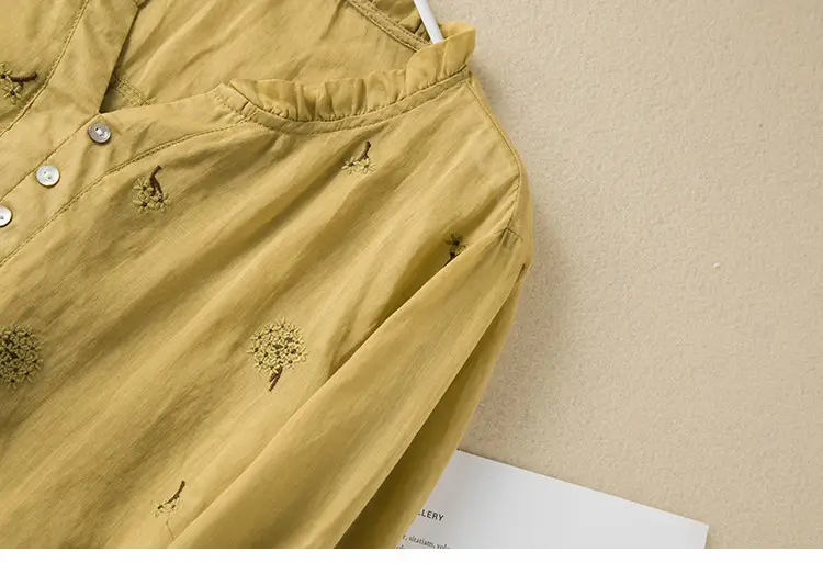Women's Yellow Embroidered Cotton Linen Shirt with Ear Collar Half Sleeve — feature 17
