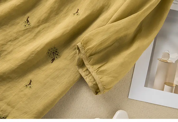 Women's Yellow Embroidered Cotton Linen Shirt with Ear Collar Half Sleeve — feature 18
