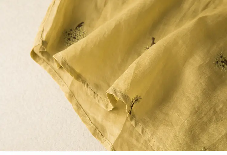 Women's Yellow Embroidered Cotton Linen Shirt with Ear Collar Half Sleeve — feature 19