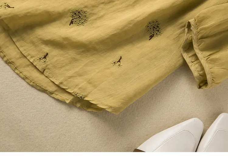 Women's Yellow Embroidered Cotton Linen Shirt with Ear Collar Half Sleeve — feature 20